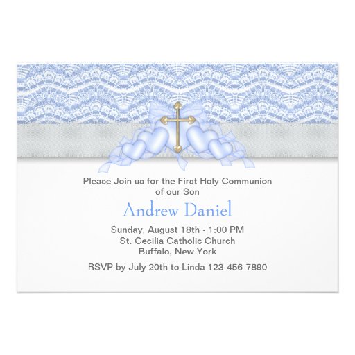 Blue and Gold Cross Boys First Communion Custom Invitation