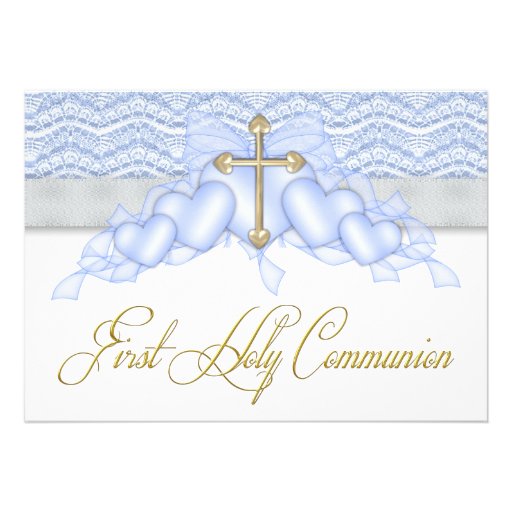 Blue and Gold Cross Boys First Communion Custom Invitation