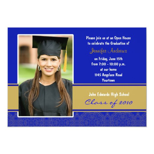 Blue And Gold Damask Graduation Party Invitation | Zazzle