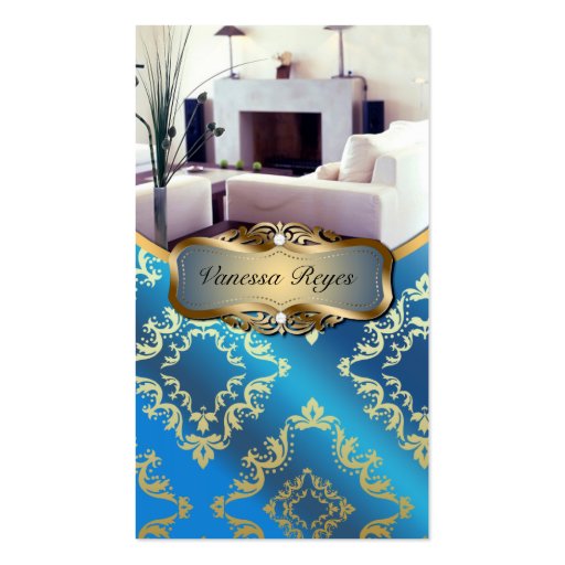 Blue and Gold Damask Photo Business Card (front side)