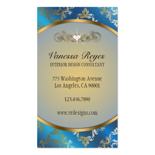 Blue and Gold Damask Photo Business Card (back side)