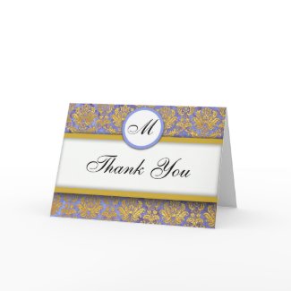 Blue and Gold Damask Thank You Cards card