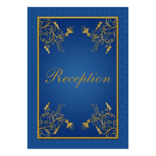 Blue and Gold Floral Damask Enclosure Card Business Card Templates (front side)