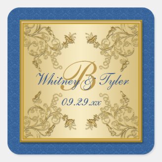 Blue and Gold Floral Damask Monogram Sticker