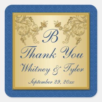 Blue and Gold Floral Damask Monogram Sticker