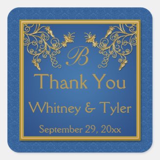 Blue and Gold Floral Damask Monogram Sticker