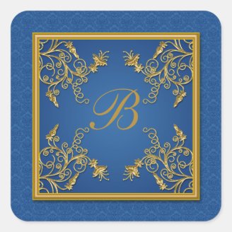 Blue and Gold Floral Damask Monogram Sticker