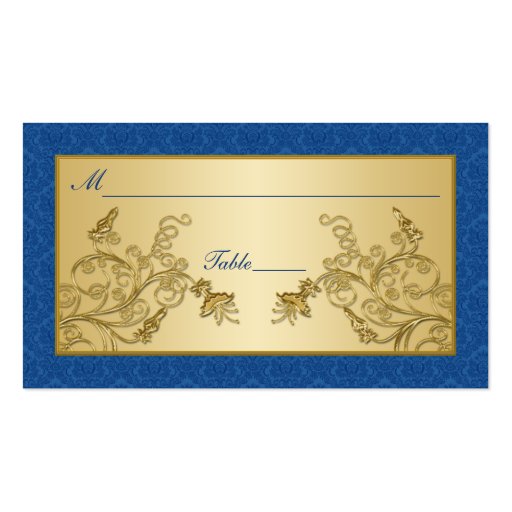 Blue and Gold Floral Damask Placecards Business Card Template (front side)