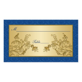 Blue and Gold Floral Damask Placecards Business Card Template