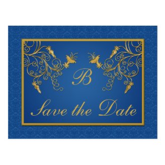 Blue and Gold Floral Damask Save the Date Card Postcards