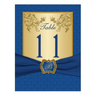 Blue and Gold Floral Damask Table Number Post Cards