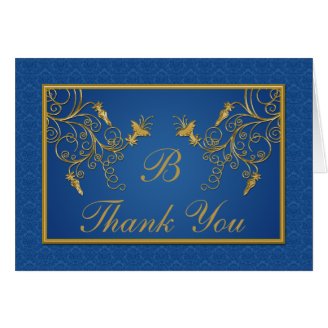 Blue and Gold Floral Damask Thank You Card