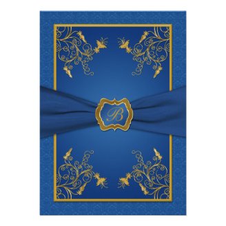Blue and Gold Floral Monogram Wedding Invitation