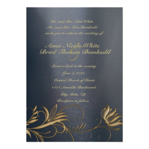 Blue and Gold Floral Vintage Wedding Invitation