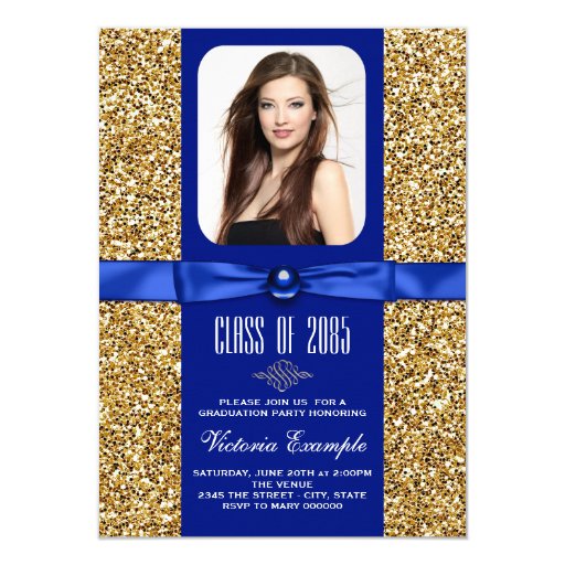 Blue and Gold Glitter Graduation Announcements (front side)