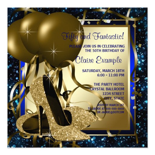 Blue and Gold High Heels Womans Birthday Party Custom Invites