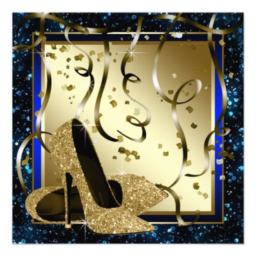 Blue and Gold High Heels Womans Birthday Party Custom Invites