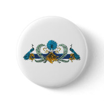 Blue and golden peacocks and wreaths pin
