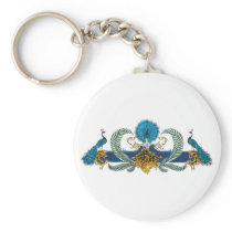 Blue and golden peacocks and wreaths key chain