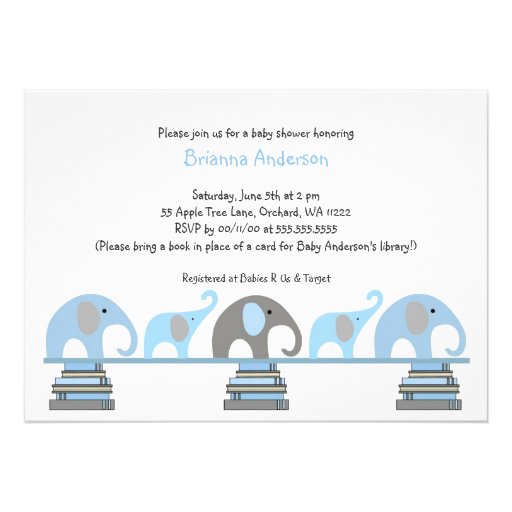 Blue and gray Elephants Book Baby Shower Invite