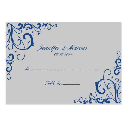 Blue and Gray Flourish Wedding Seating Cards Business Cards (front side)