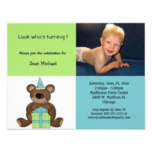 Blue And Green Birthday Teddy Bear Invitation