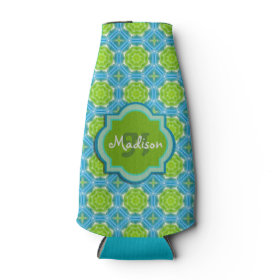 Blue and Green Monogram Mandala Pattern Bottle Cooler