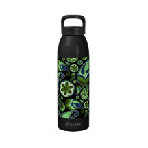 Blue and Green Paisley on Black Reusable Water Bottle