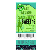 Blue and Green VIP Sweet 16 Ticket Party Personalized Invite