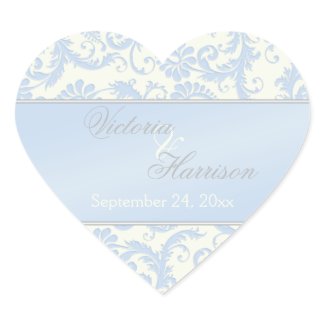Blue and Ivory Damask Heart Shaped Wedding Sticker sticker
