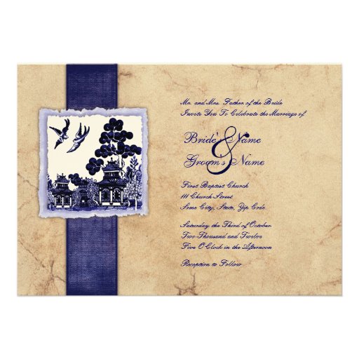 Blue and Ivory Love Birds Vintage Wedding Announcement