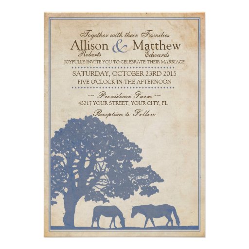 Blue and Ivory Vintage Horse Farm Wedding Custom Invitation