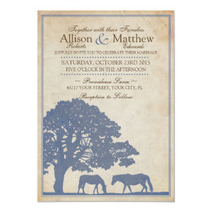 Blue and Ivory Vintage Horse Farm Wedding 5x7 Paper Invitation Card
