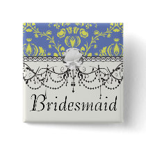 blue and lime green elegant damask pinback button