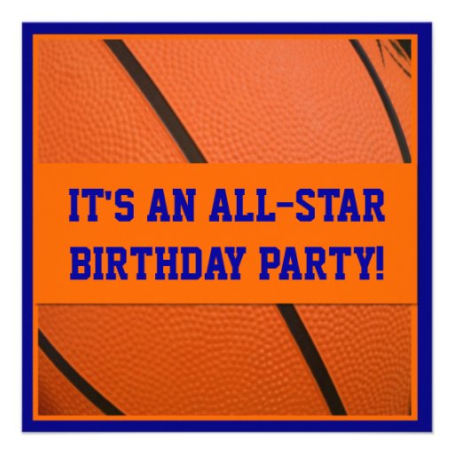 Blue and Orange Basketball Birthday Party Invitations (front side)