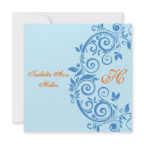 Blue and Orange Floral Monogram Bridal Shower Invi Custom Invitation