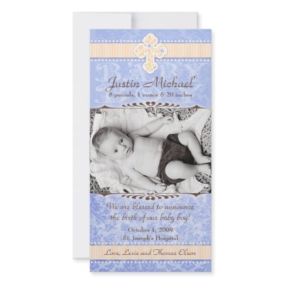 Blue and Orange Florals Birth Announcement Customized Photo Card by NicChic