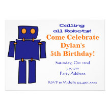 Blue and Orange Robot Birthday Party Invitations