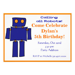 Blue and Orange Robot Birthday Party Invitations