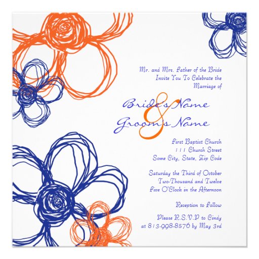 Blue and Orange Wild Flowers Wedding Invitation