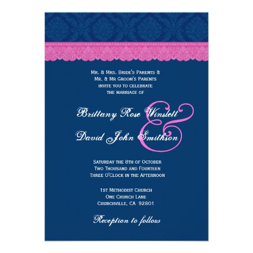 Blue and Pink Damask Lace Wedding V04 Invites