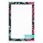 Blue and Pink Ferns Foliage on Black Stationary Personalized Stationery