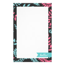 Blue and Pink Ferns Foliage on Black Stationary stationery