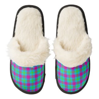 Blue and Pink Plaid Slippers Pair Of Fuzzy Slippers