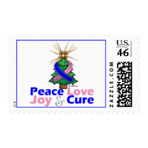 Blue and Pink Ribbon Xmas Peace Love, Joy & Cure Stamp