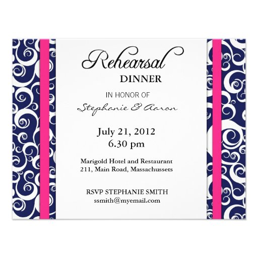 Blue and Pink Swirl Rehearsal Dinner Card Custom Invite