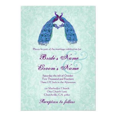 Blue and Purple Lovebird Peacocks Wedding Invite