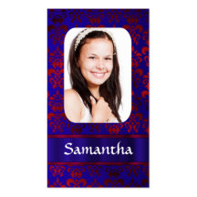 Blue and red damask photo template business card templates