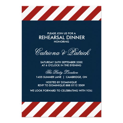 Blue and Red Nautical Rehearsal Dinner Invitation (front side)