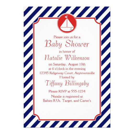 Blue and Red Sailboat  Baby Shower Personalized Invitation